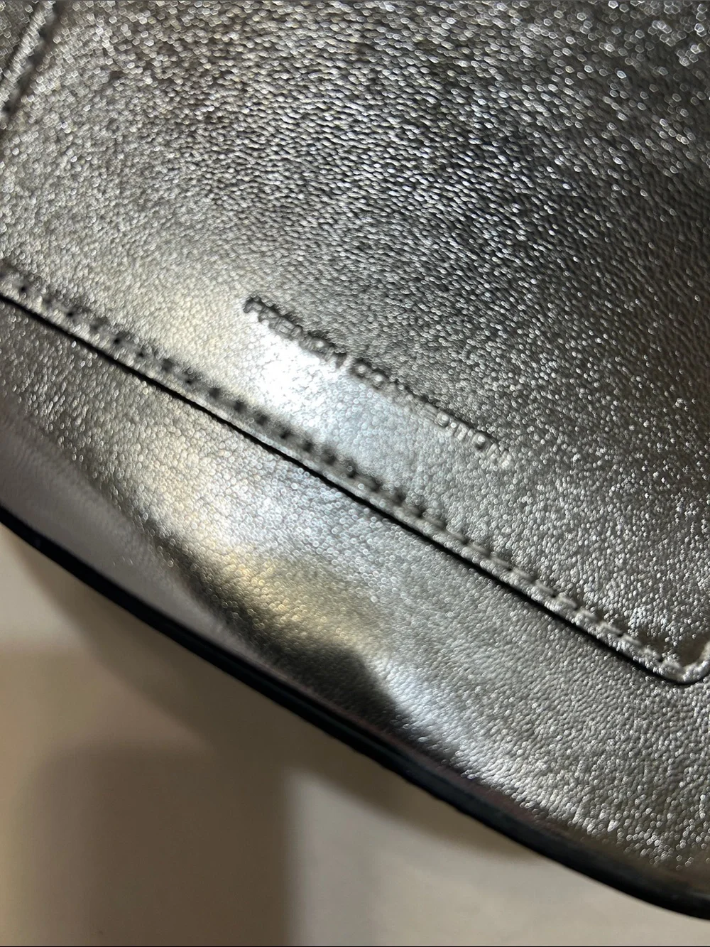 French Connection Silver Metallic Leather Crossbody Bucket Bag